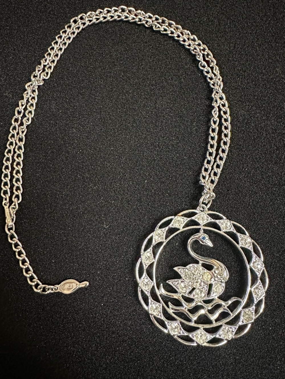 Vintage 1970’s Sarah Coventry “Swan Lake” Pendant Necklace with Clear Crystals